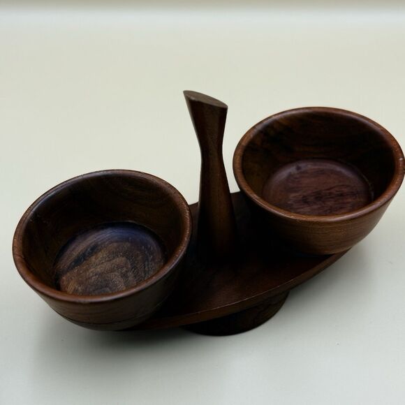 Vintage Kustom Kraft Solid Walnut Dip Set - MCM Snack Server USA - Picture 12 of 13